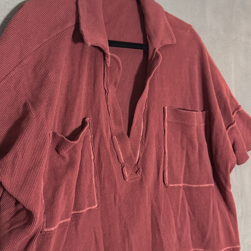 Free People Burgundy Waffle Knit V-neck Pullover - Picture 3 of 5